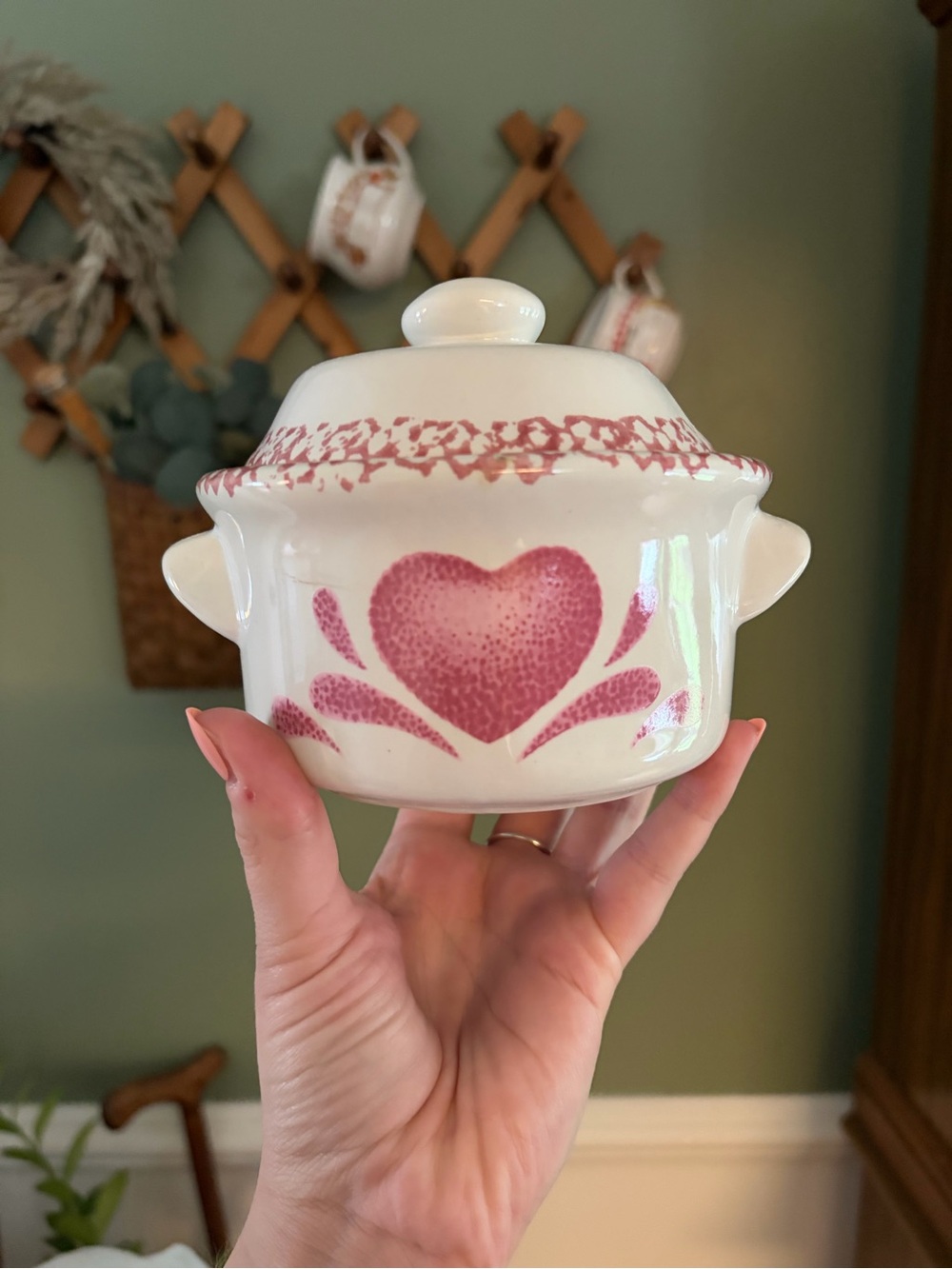 White Ceramic Bowl with Pink Heart Design